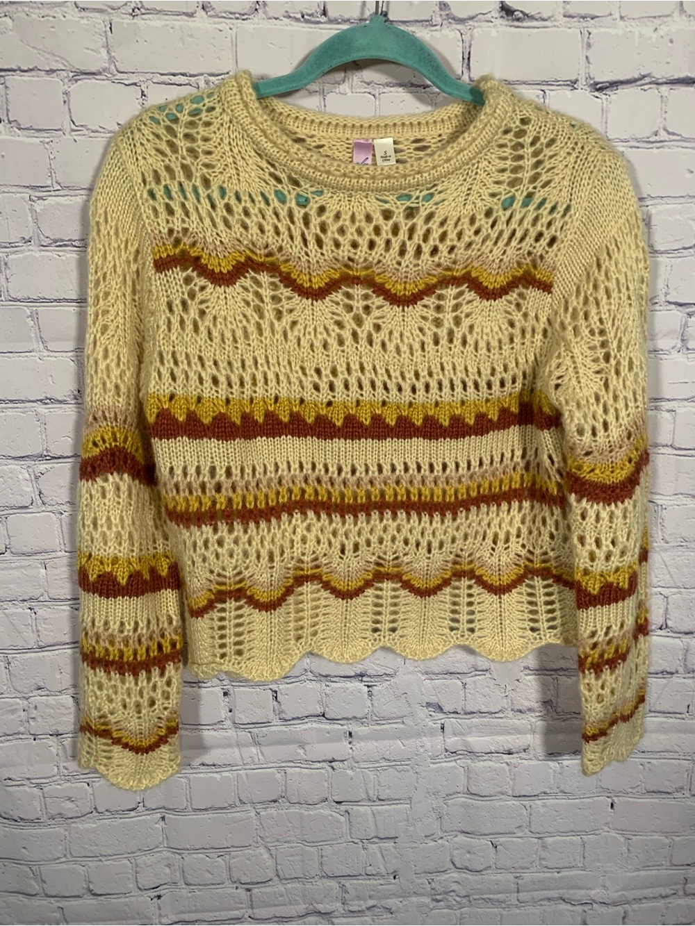 Alya Womens Striped Crochet Pullover Sweater Cream Size S Festival Boho Casual